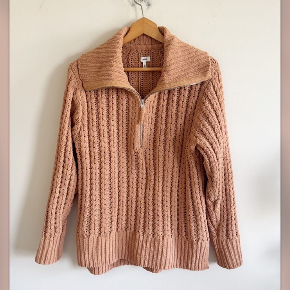 Aerie cable car oversized knit sweater quarter 1/4 zip soft oversized tan size S - Picture 2 of 7